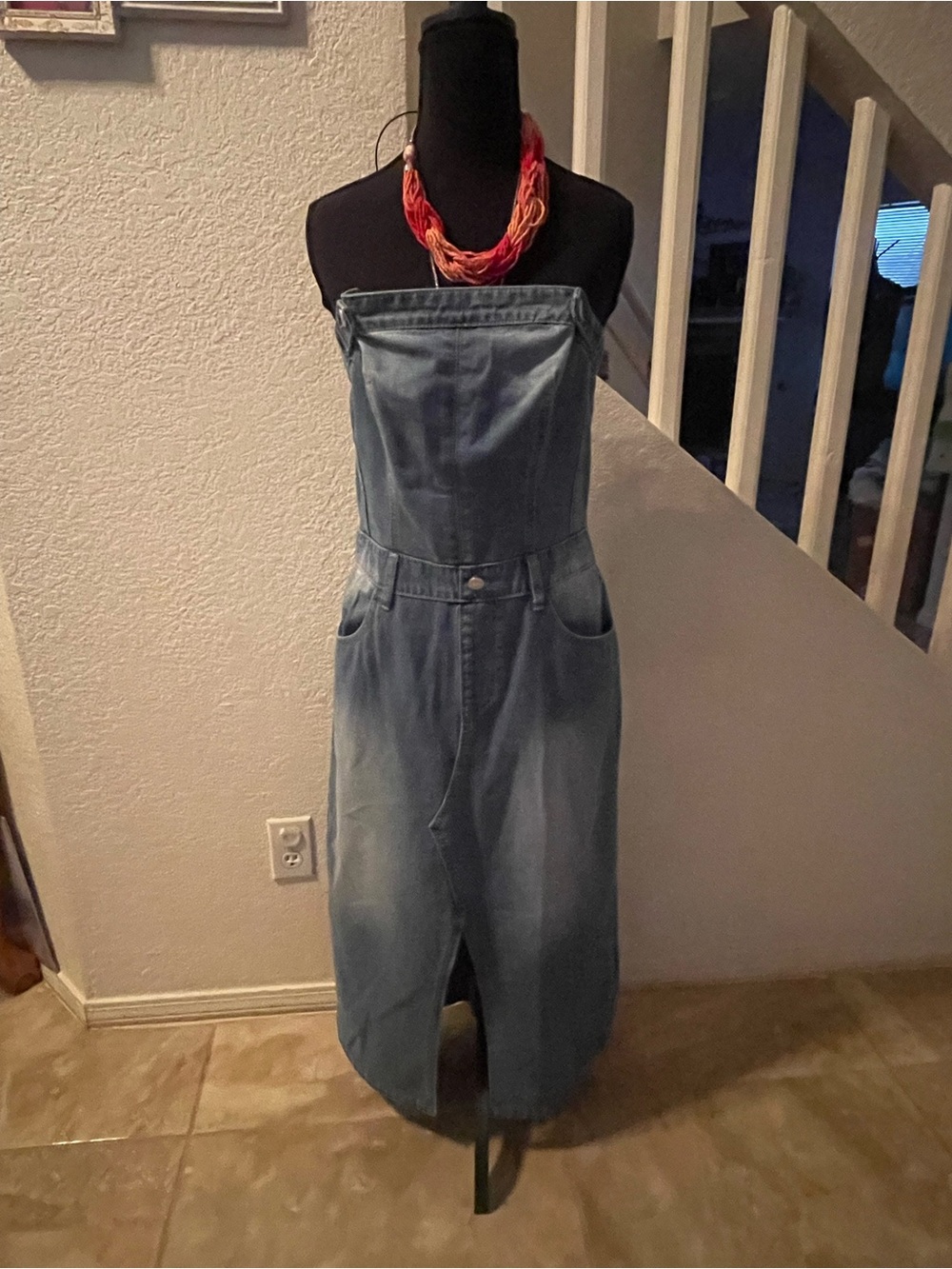 Strapless Light Blue Denim Midi Dress